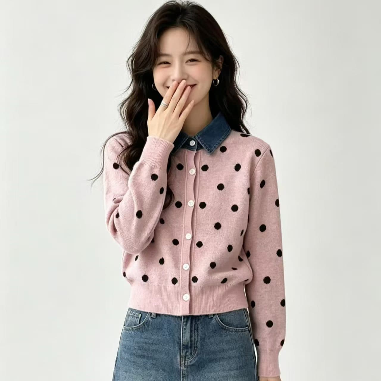 한 부서 레트로 도트 무늬 페이크 레이어드 데님 패치워크 POLO 칼라 패션 니트 스웨터 부드러운 찹쌀 연령 감소 스웨터 여성 코트 상세 이미지 7