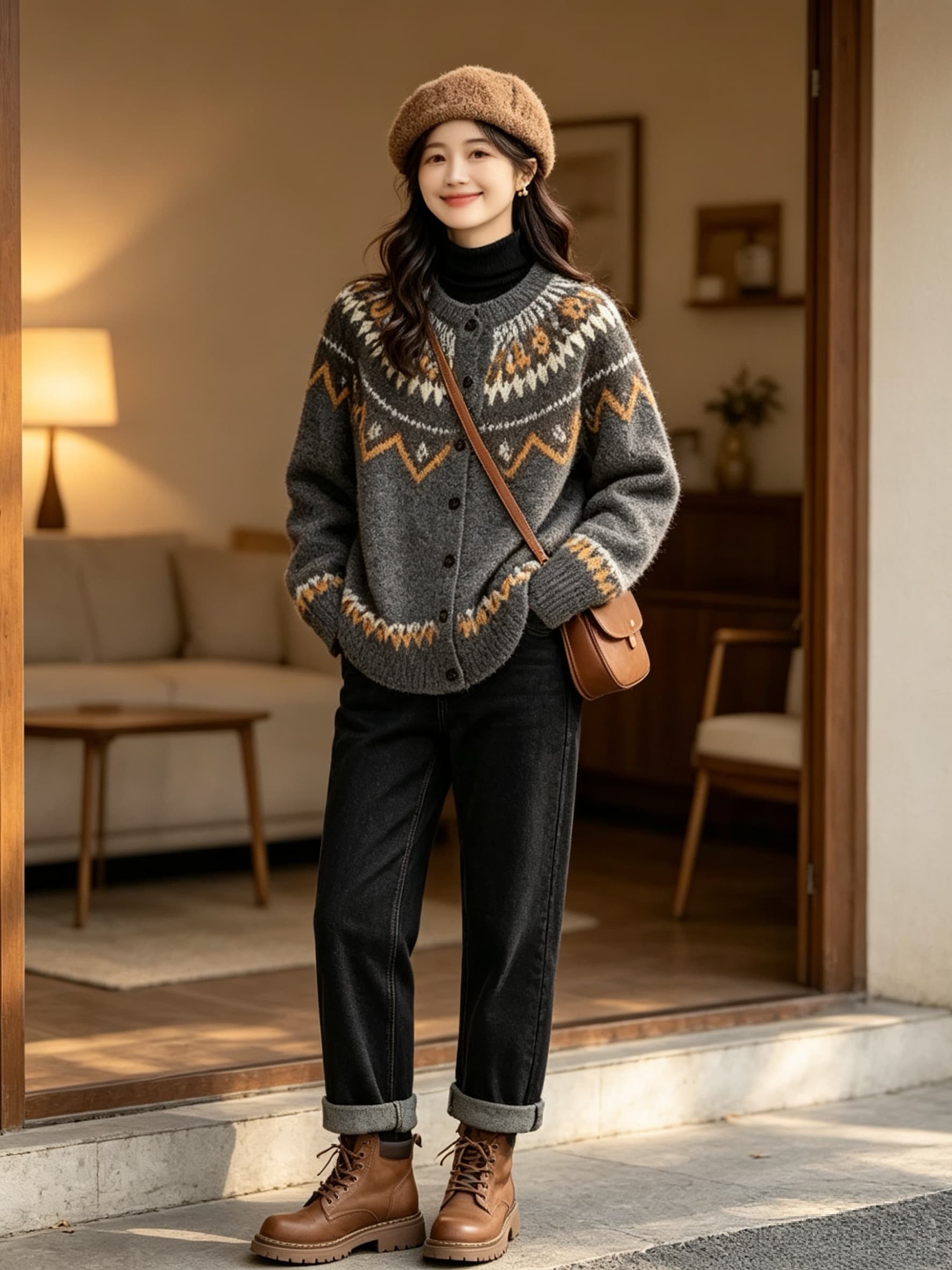 스웨터 오픈 가디건 말 한국 chic 봄 가을 슈퍼 부드럽다 플러시 털털 외투 싱글 줄 버튼 자카드 니트 이미지 4