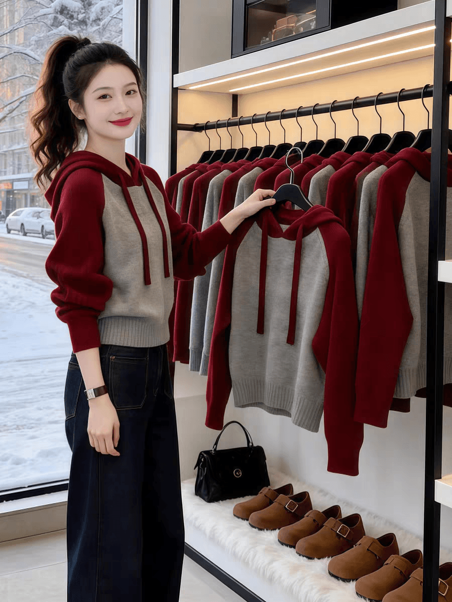 한 부서 레트로 느긋한 바람 부드러운 찹쌀 배색 모자 니트 스웨터 여성 2026 가을 겨울 새로운 패션 인사이드 가져 가라. 기본 셔츠