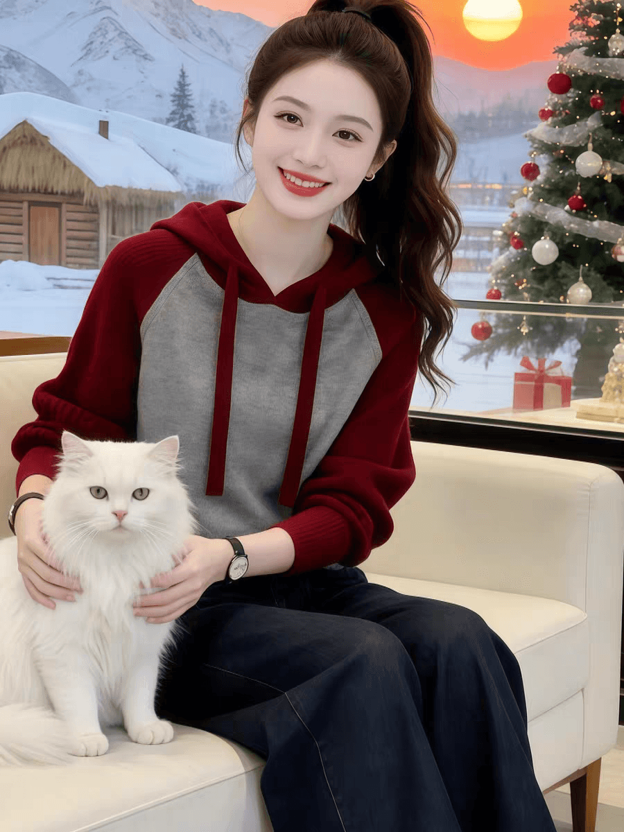 한 부서 레트로 느긋한 바람 부드러운 찹쌀 배색 모자 니트 스웨터 여성 2026 가을 겨울 새로운 패션 인사이드 가져 가라. 기본 셔츠 상세 이미지 2