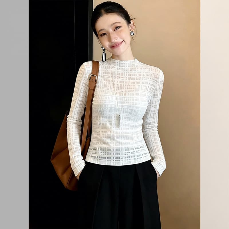 고급 센스 화이트 체크무늬 긴팔 티셔츠 여성 봄 긴팔 몸매 가꾸기 슬림해 보이는 고급 센스 작은 대중 기본 셔츠 맨위 상세 이미지 2
