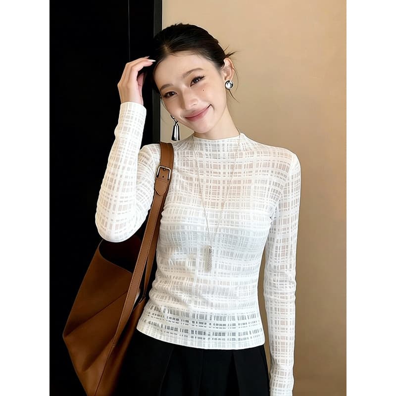 고급 센스 화이트 체크무늬 긴팔 티셔츠 여성 봄 긴팔 몸매 가꾸기 슬림해 보이는 고급 센스 작은 대중 기본 셔츠 맨위 상세 이미지 3