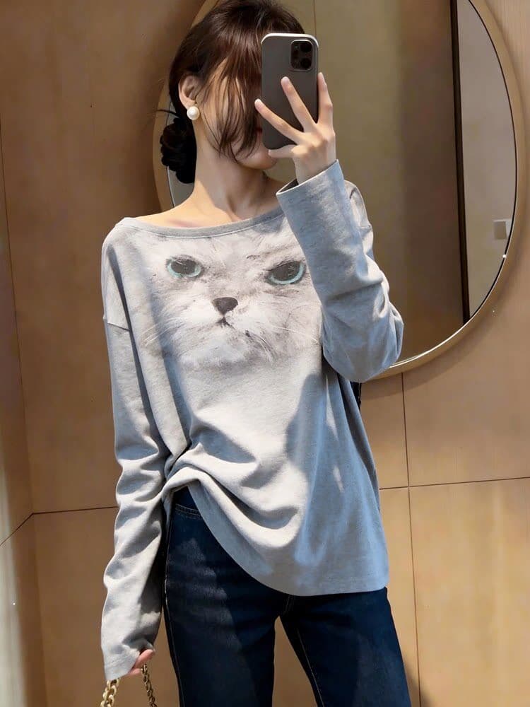 개성 품격 부드러운 관대 한 새끼 고양이 프린트 긴팔 티셔츠 봄 출퇴근 바람 루즈핏 슬림해 보이는 맨위 고급 센스 상세 이미지 2