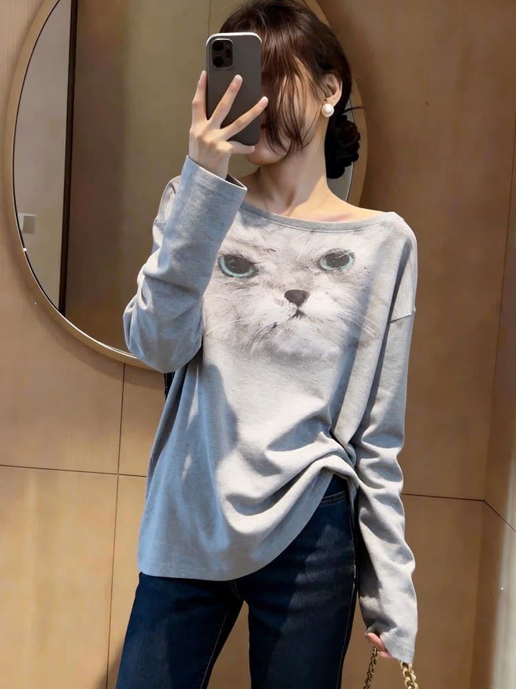 개성 품격 부드러운 관대 한 새끼 고양이 프린트 긴팔 티셔츠 봄 출퇴근 바람 루즈핏 슬림해 보이는 맨위 고급 센스 상세 이미지 5