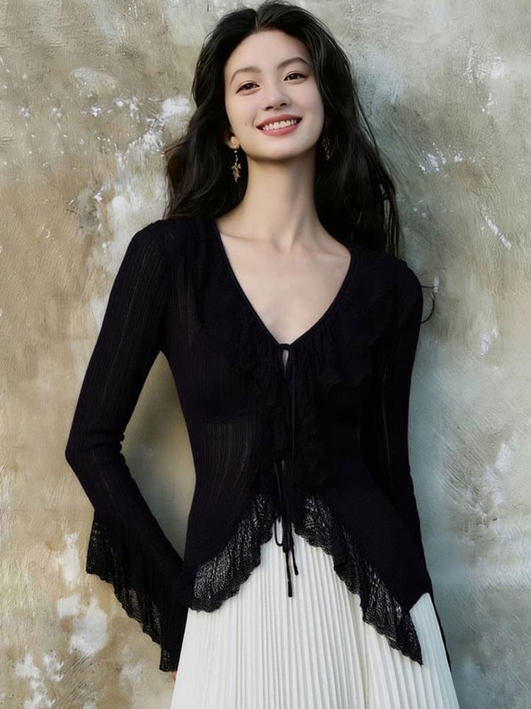 디자인 센스 레이스 프릴 V넥 허리 수축 여성 셔츠 2026 년 여름 빛 요리 한 우아함 바람 패션 맨위 이미지 4