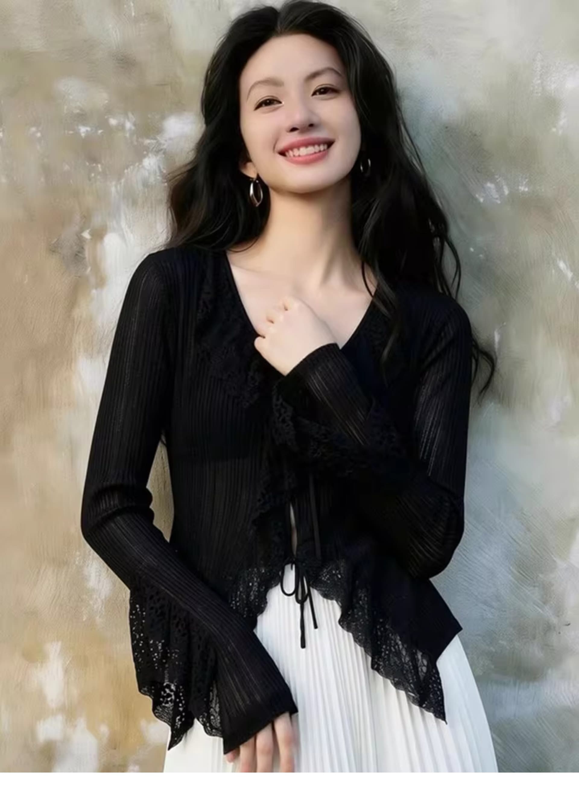디자인 센스 레이스 프릴 V넥 허리 수축 여성 셔츠 2026 년 여름 빛 요리 한 우아함 바람 패션 맨위 상세 이미지 5