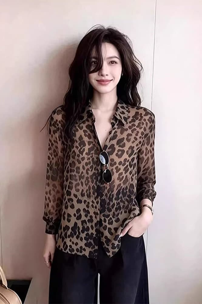 유럽 상품 레오파드 무늬 긴팔 자외선 차단 여성 셔츠 봄 여름 얇은 스타일 루즈핏 쉬폰 블라우스 디자인 센스 레트로 품격 작은 맨위 이미지 6