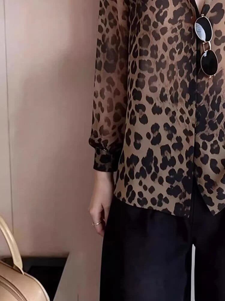 유럽 상품 레오파드 무늬 긴팔 자외선 차단 여성 셔츠 봄 여름 얇은 스타일 루즈핏 쉬폰 블라우스 디자인 센스 레트로 품격 작은 맨위 상세 이미지 3