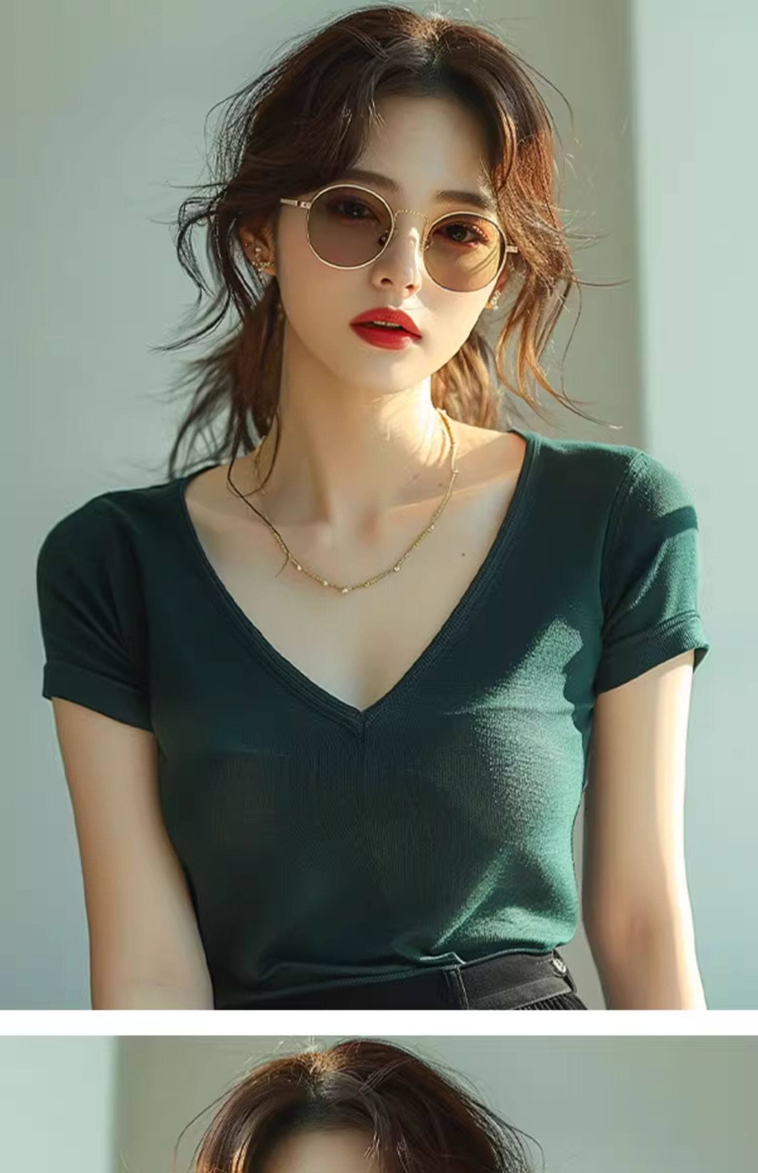 2026 여름 새로운 프랑스식 레트로 녹색 반팔 티셔츠 여성 Chic 아름다운 작은 셔츠 몸매 가꾸기 슬림해 보이는 V넥 맨위 상세 이미지 2