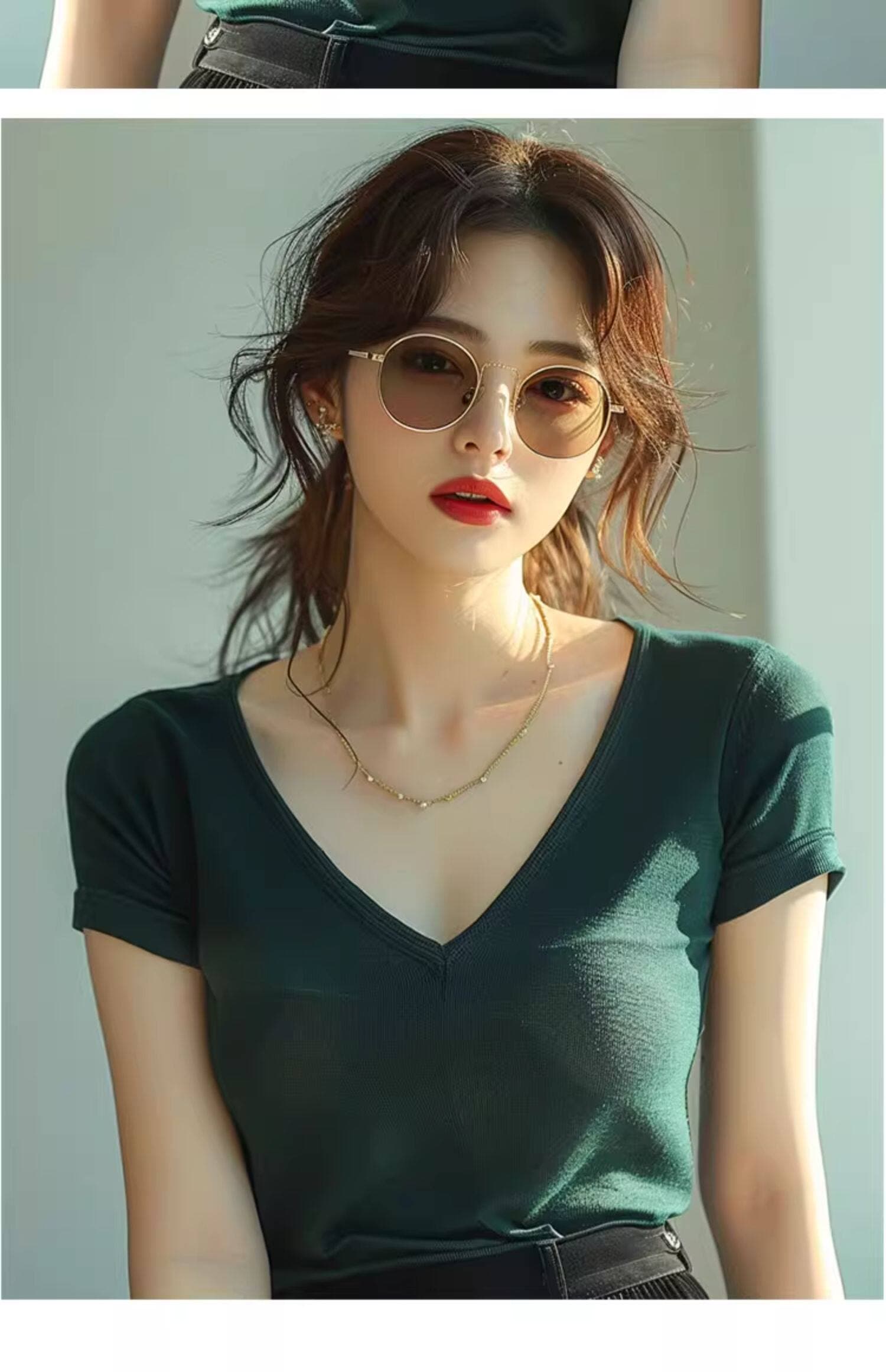 2026 여름 새로운 프랑스식 레트로 녹색 반팔 티셔츠 여성 Chic 아름다운 작은 셔츠 몸매 가꾸기 슬림해 보이는 V넥 맨위 상세 이미지 4