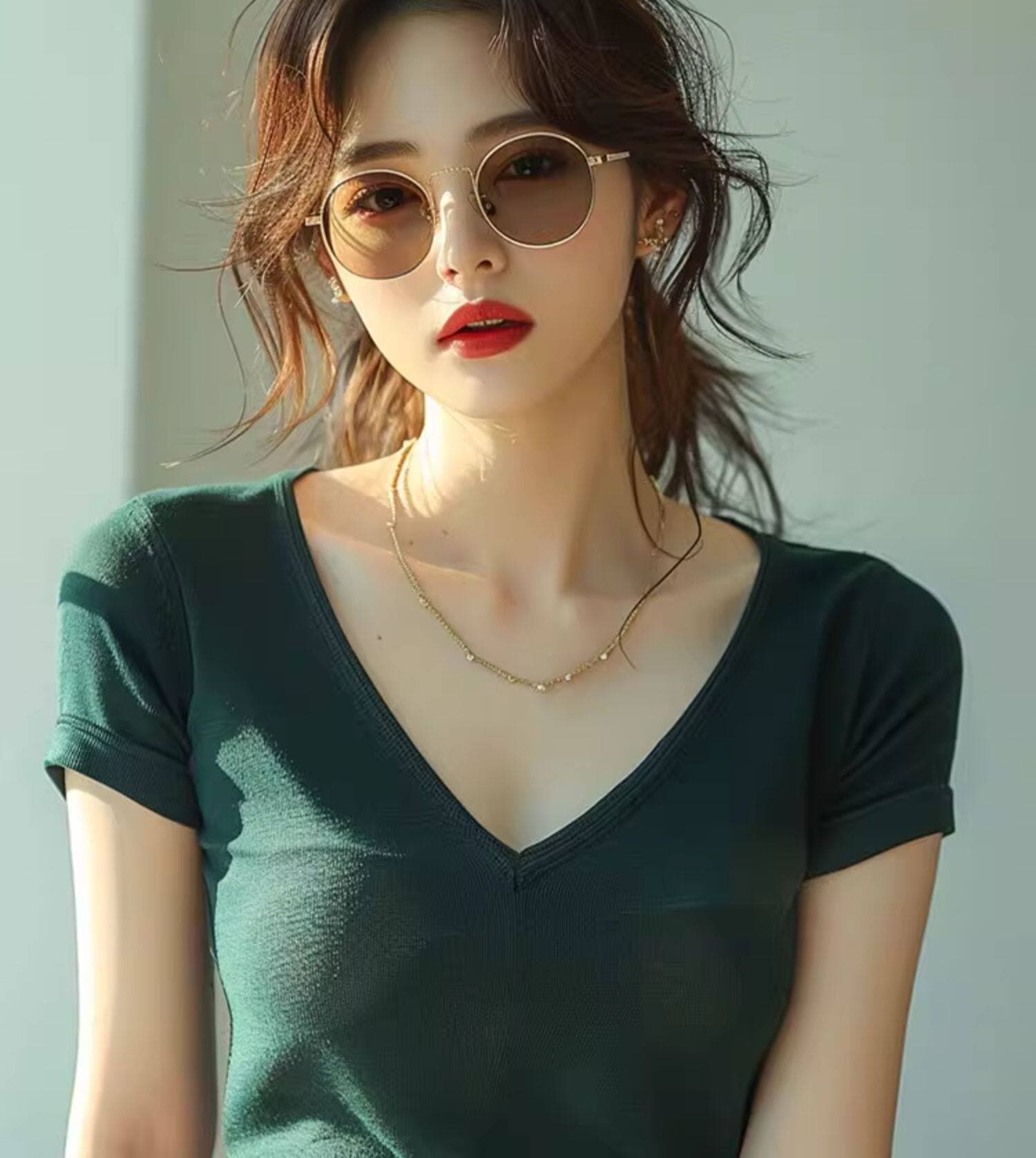 2026 여름 새로운 프랑스식 레트로 녹색 반팔 티셔츠 여성 Chic 아름다운 작은 셔츠 몸매 가꾸기 슬림해 보이는 V넥 맨위 상세 이미지 6