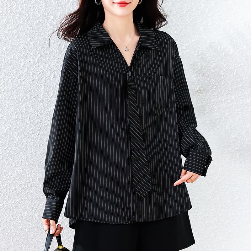 빅 사이즈 패션 캐주얼 다용도 여성 셔츠 2026 가을 새로운 외국 가스 루즈핏 연령 감소 슬림해 보이는 스트라이프 긴팔 맨위 이미지 3