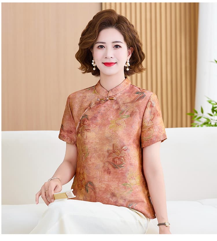 국풍 뽕나무 누에 실크 맨위 여성 의류 봄 가을 레트로 개선 작은 셔츠 실크 새틴 자카드 새로운 중식 반팔 셔츠 상세 이미지 12
