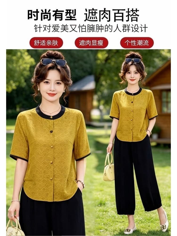 여름 섹션 반팔 티셔츠 여성 연령 감소 외국 가스 맨위 고급 품격 작은 셔츠 중년 어머니 드레스 상세 이미지 3
