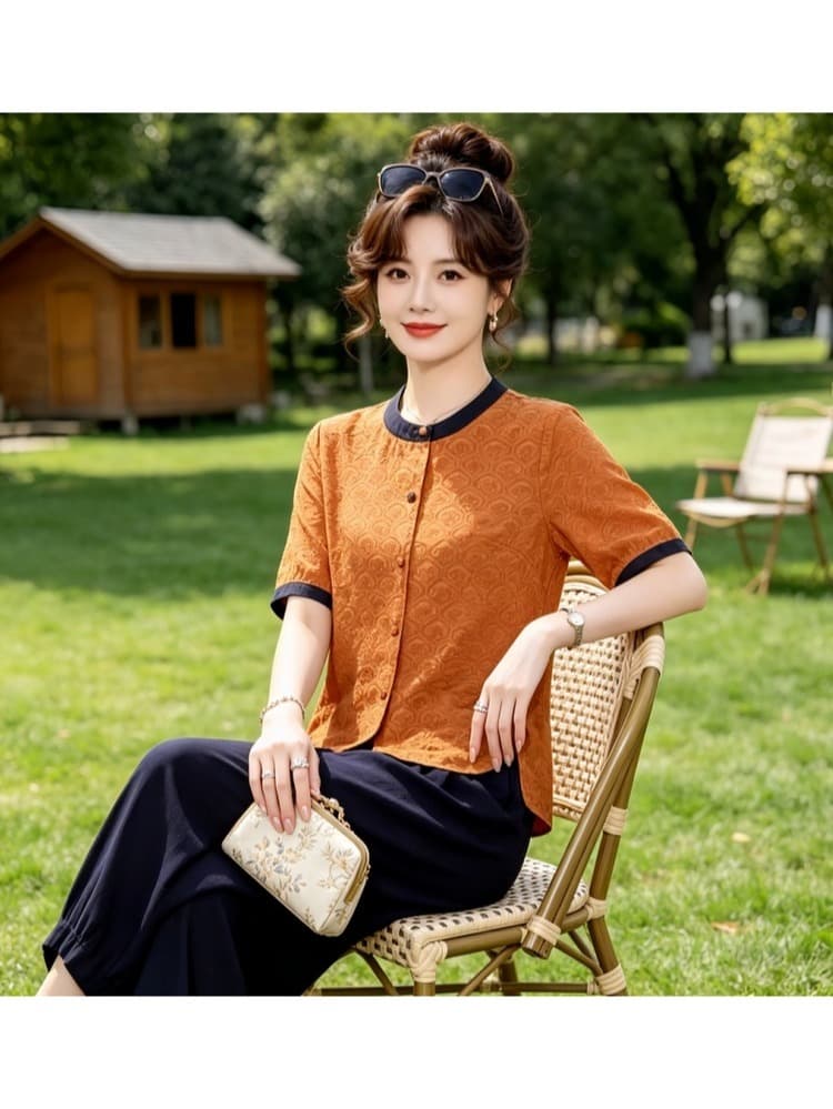 여름 섹션 반팔 티셔츠 여성 연령 감소 외국 가스 맨위 고급 품격 작은 셔츠 중년 어머니 드레스 상세 이미지 11