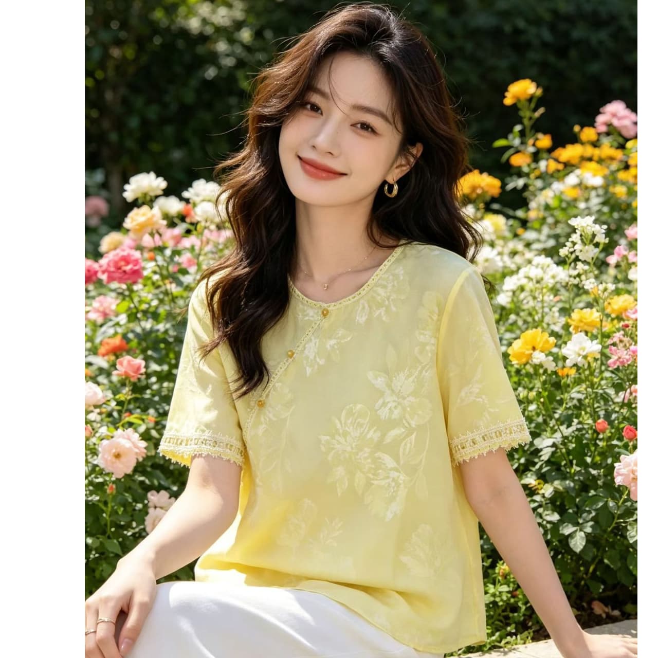 새로운 중식 바람 프린트 반팔 여성 셔츠 루즈핏 패션 국풍 맨위 2026 년 여름 새로운 패치워크 레이스 이미지 2
