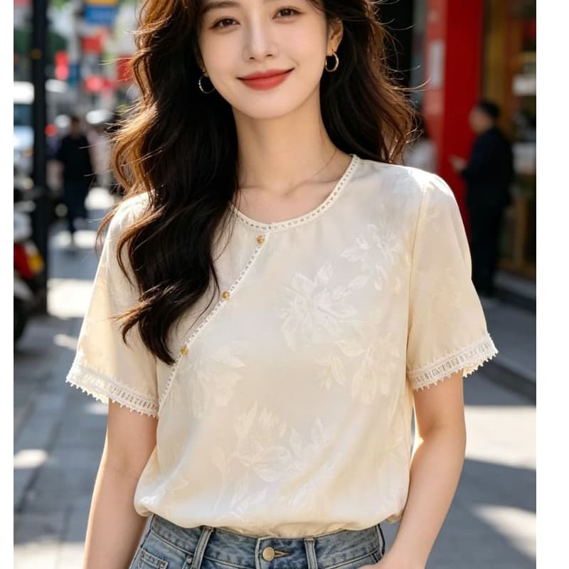 새로운 중식 바람 프린트 반팔 여성 셔츠 루즈핏 패션 국풍 맨위 2026 년 여름 새로운 패치워크 레이스