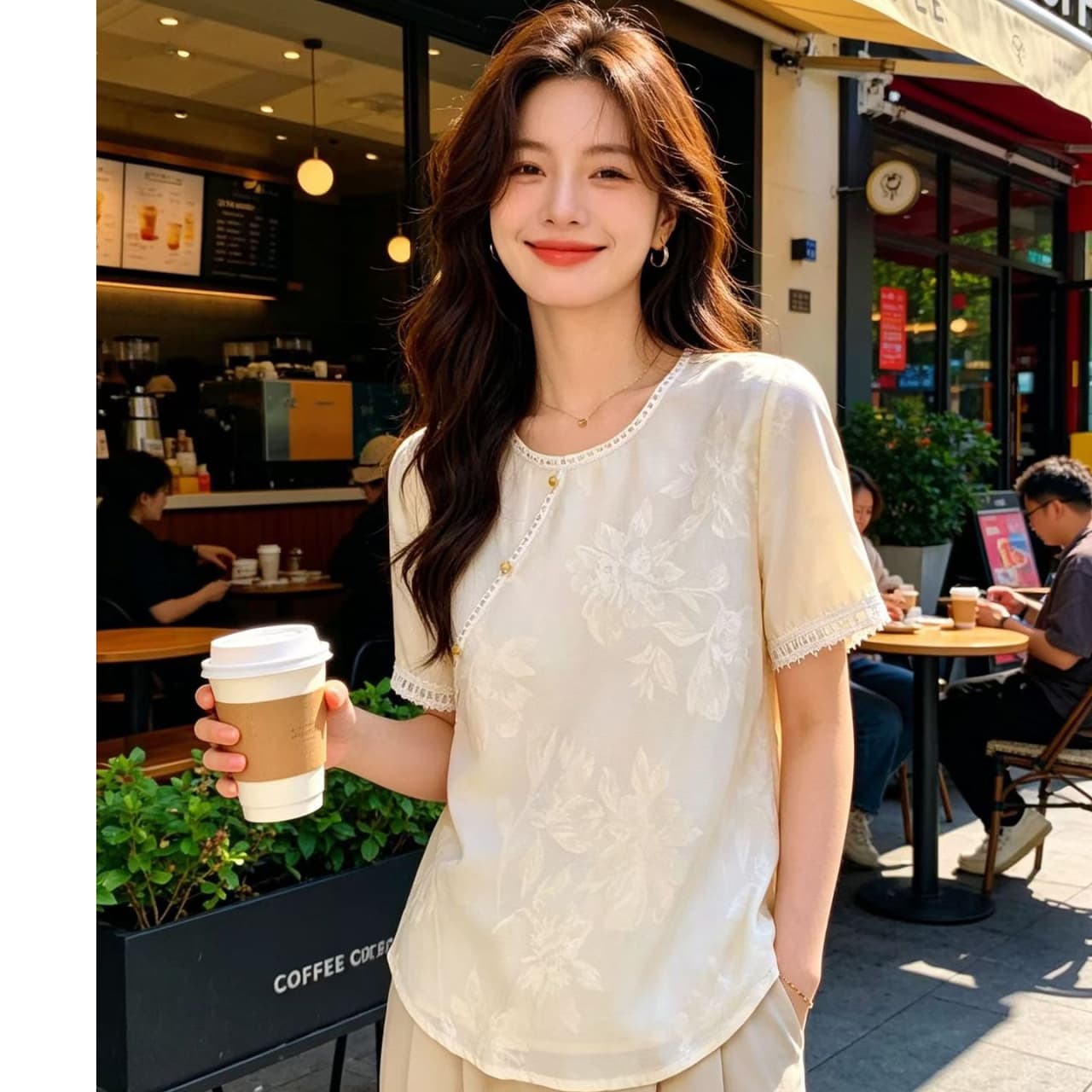 새로운 중식 바람 프린트 반팔 여성 셔츠 루즈핏 패션 국풍 맨위 2026 년 여름 새로운 패치워크 레이스 이미지 3