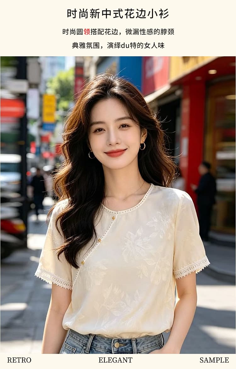 새로운 중식 바람 프린트 반팔 여성 셔츠 루즈핏 패션 국풍 맨위 2026 년 여름 새로운 패치워크 레이스 상세 이미지 5