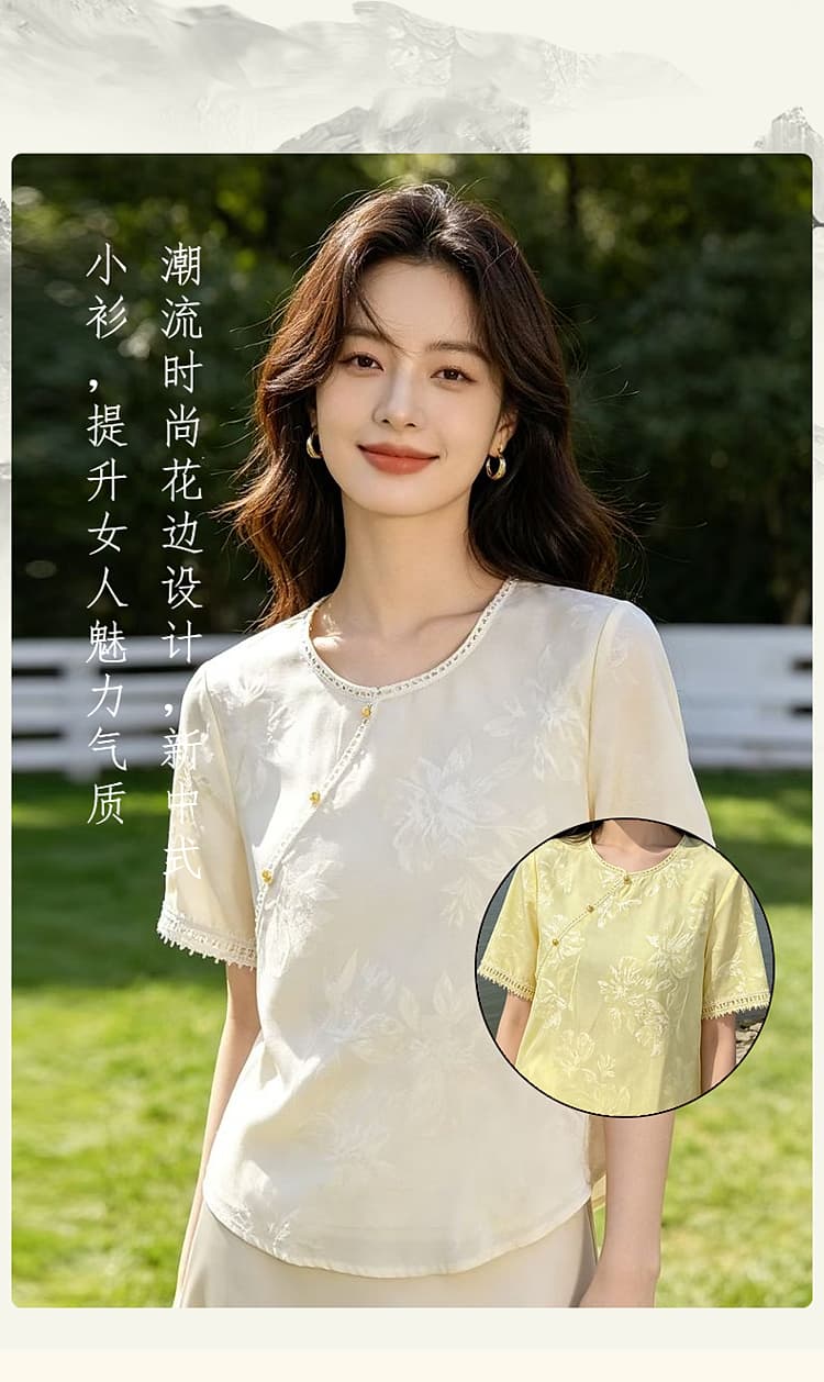 새로운 중식 바람 프린트 반팔 여성 셔츠 루즈핏 패션 국풍 맨위 2026 년 여름 새로운 패치워크 레이스 상세 이미지 8