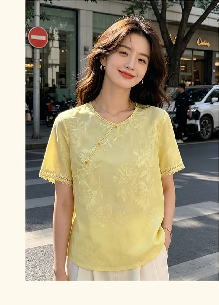새로운 중식 바람 프린트 반팔 여성 셔츠 루즈핏 패션 국풍 맨위 2026 년 여름 새로운 패치워크 레이스 상세 이미지 12