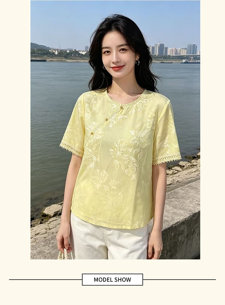 새로운 중식 바람 프린트 반팔 여성 셔츠 루즈핏 패션 국풍 맨위 2026 년 여름 새로운 패치워크 레이스 상세 이미지 13