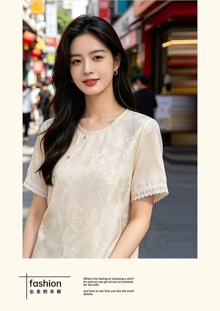 새로운 중식 바람 프린트 반팔 여성 셔츠 루즈핏 패션 국풍 맨위 2026 년 여름 새로운 패치워크 레이스 상세 이미지 17