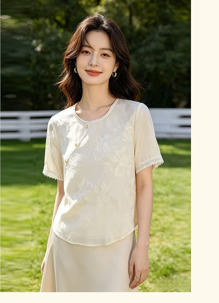 새로운 중식 바람 프린트 반팔 여성 셔츠 루즈핏 패션 국풍 맨위 2026 년 여름 새로운 패치워크 레이스 상세 이미지 18