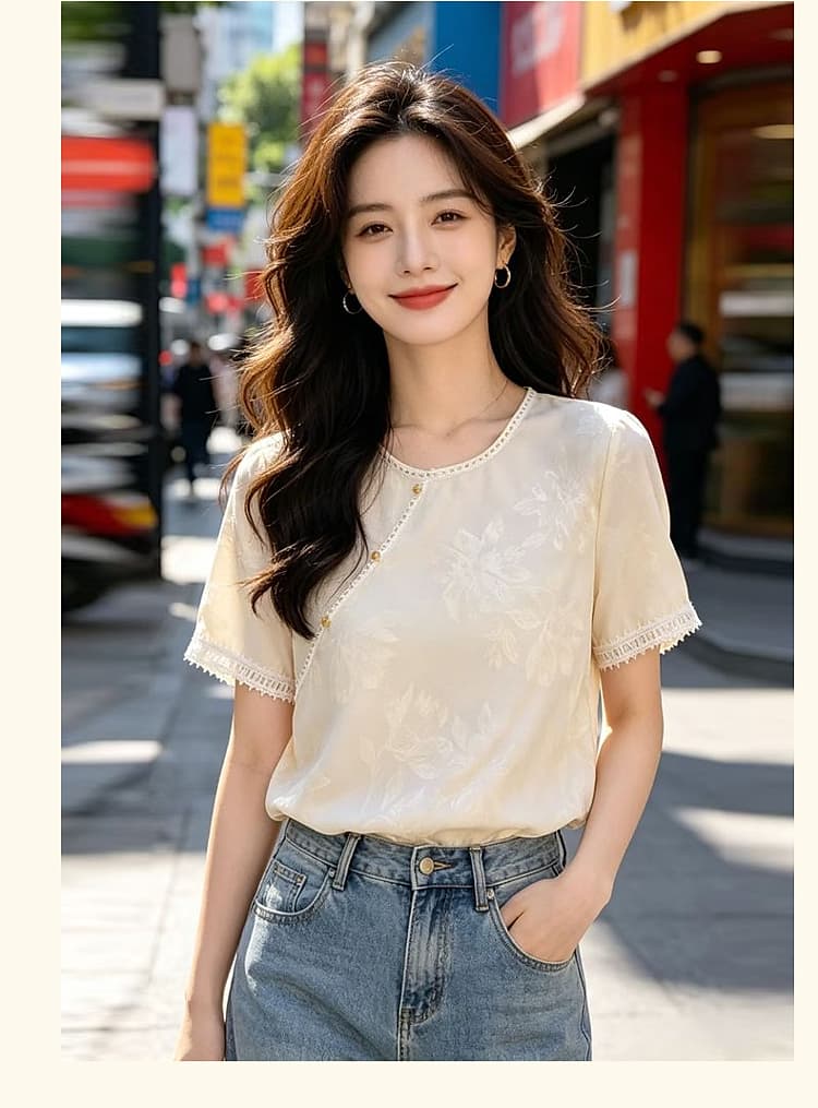 새로운 중식 바람 프린트 반팔 여성 셔츠 루즈핏 패션 국풍 맨위 2026 년 여름 새로운 패치워크 레이스 상세 이미지 19