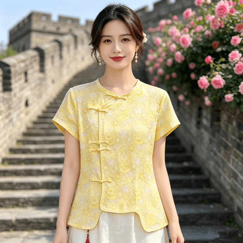 중식 새로운 국풍 다용도 셔츠 만나는 2026 라운드 넥 반팔 루즈핏 슬림해 보이는 품격 맨위
