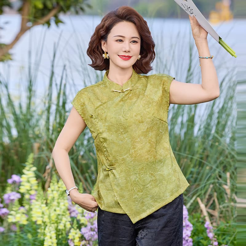 우아함 레트로 스타일 중노년 여성 여름 얇은 스타일 반팔 셔츠 빅 사이즈 루즈핏 핏 스타일 프린트 디자인 편안함