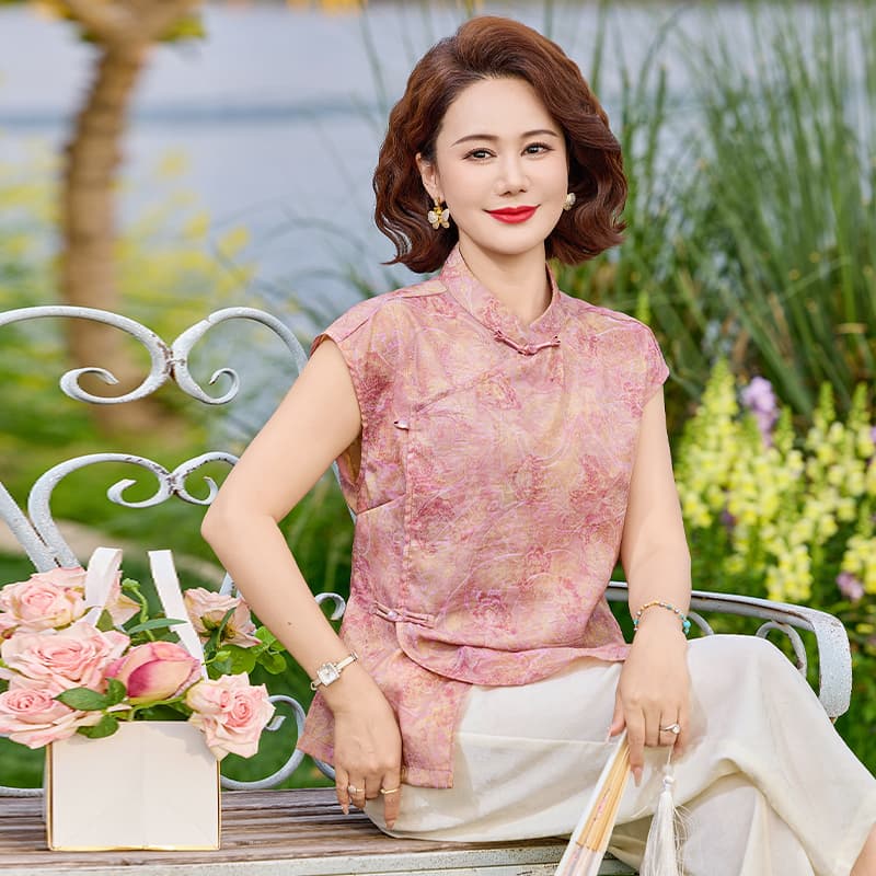 우아함 레트로 스타일 중노년 여성 여름 얇은 스타일 반팔 셔츠 빅 사이즈 루즈핏 핏 스타일 프린트 디자인 편안함 이미지 4