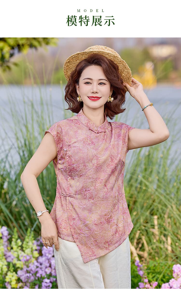 우아함 레트로 스타일 중노년 여성 여름 얇은 스타일 반팔 셔츠 빅 사이즈 루즈핏 핏 스타일 프린트 디자인 편안함 상세 이미지 9
