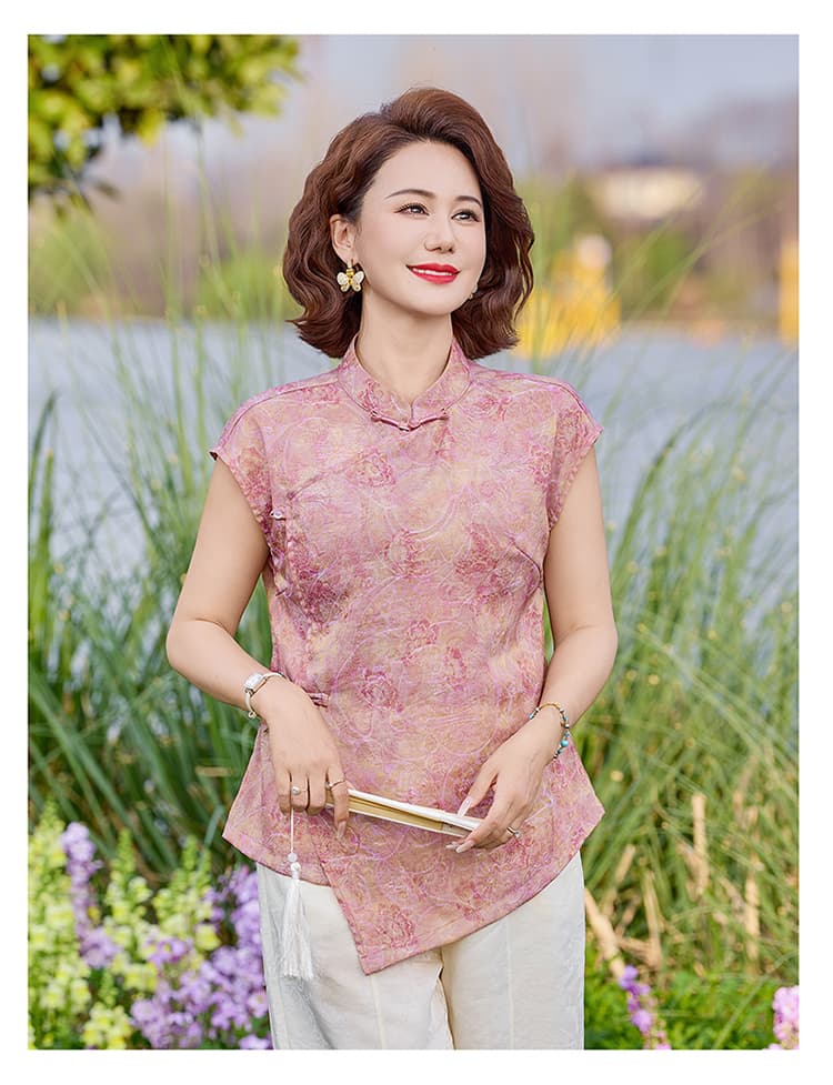 우아함 레트로 스타일 중노년 여성 여름 얇은 스타일 반팔 셔츠 빅 사이즈 루즈핏 핏 스타일 프린트 디자인 편안함 상세 이미지 13
