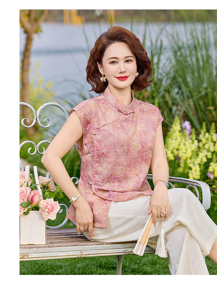 우아함 레트로 스타일 중노년 여성 여름 얇은 스타일 반팔 셔츠 빅 사이즈 루즈핏 핏 스타일 프린트 디자인 편안함 상세 이미지 14
