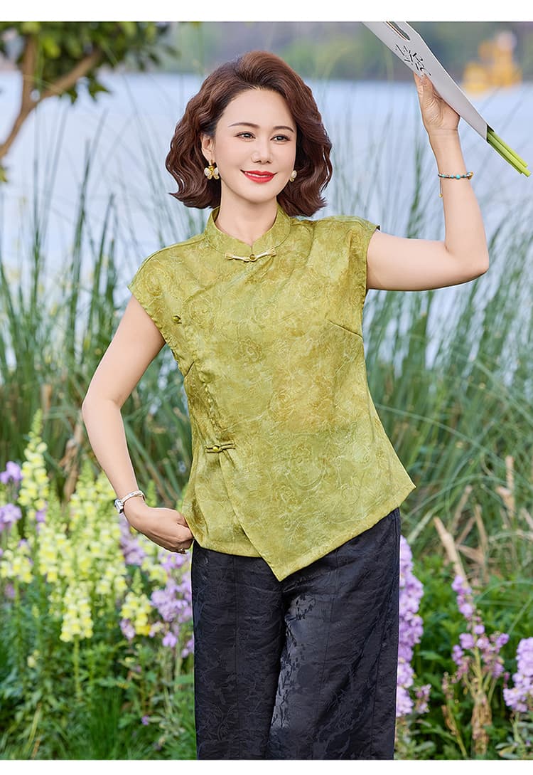 우아함 레트로 스타일 중노년 여성 여름 얇은 스타일 반팔 셔츠 빅 사이즈 루즈핏 핏 스타일 프린트 디자인 편안함 상세 이미지 15