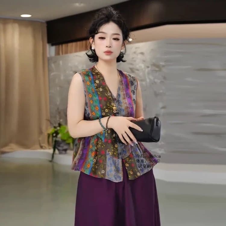 2026 여름 새로운 싱글 줄 버튼 레트로 꽃무늬 새로운 중식 베스트 민소매 디자인 센스 V넥 중국풍 맨위 이미지 3