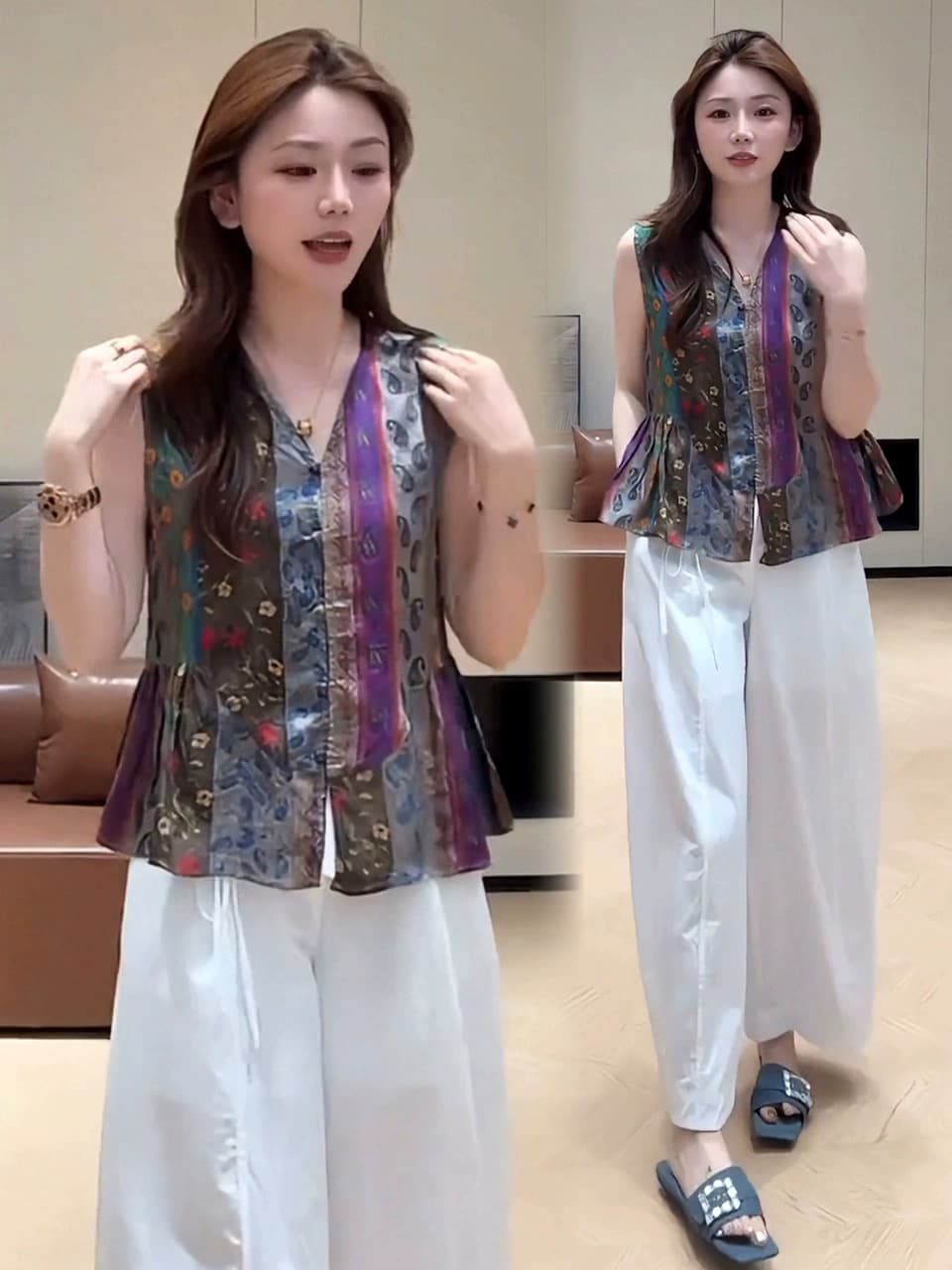 2026 여름 새로운 싱글 줄 버튼 레트로 꽃무늬 새로운 중식 베스트 민소매 디자인 센스 V넥 중국풍 맨위 상세 이미지 7