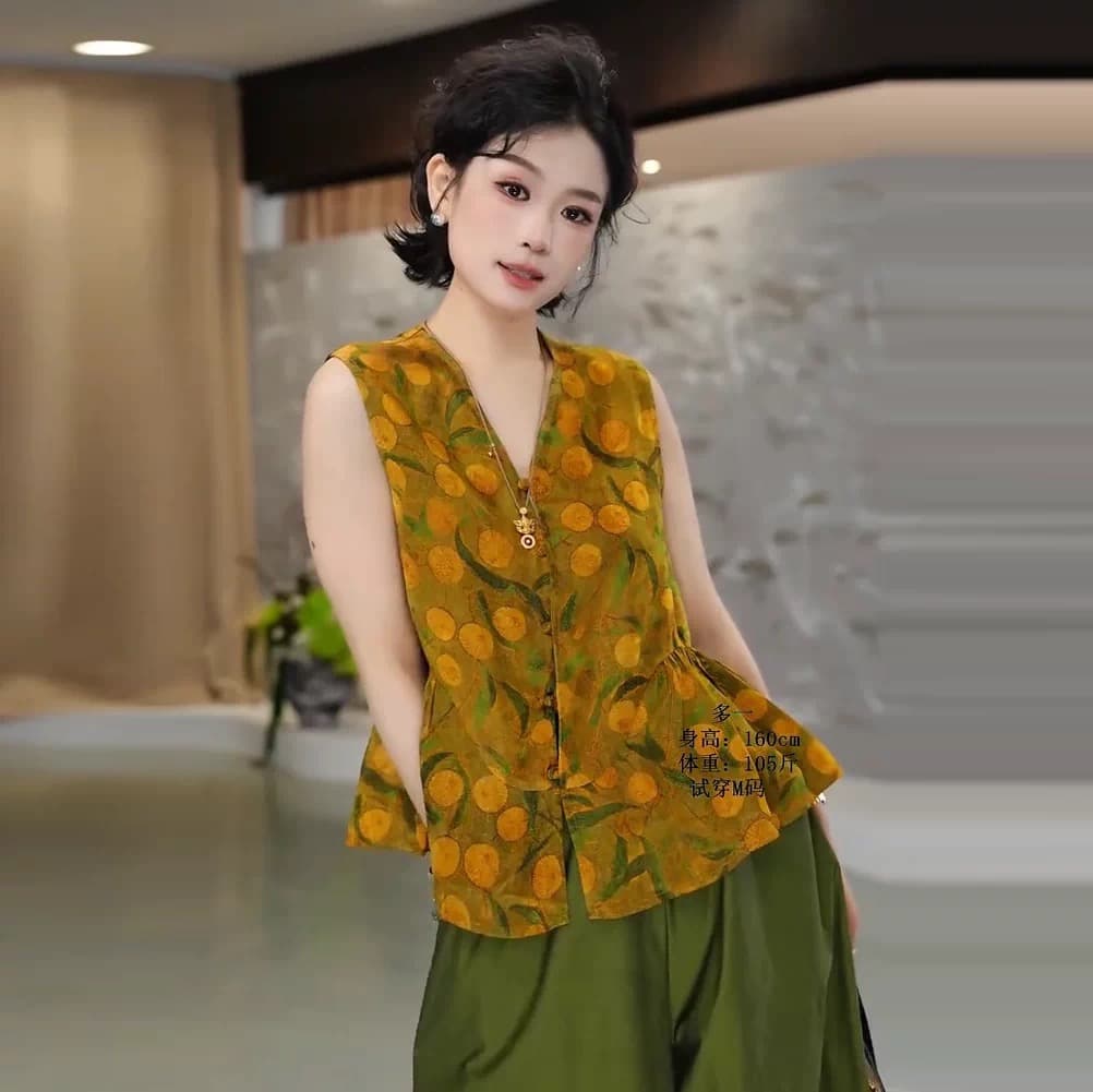 2026 여름 새로운 싱글 줄 버튼 레트로 꽃무늬 새로운 중식 베스트 민소매 디자인 센스 V넥 중국풍 맨위 상세 이미지 8