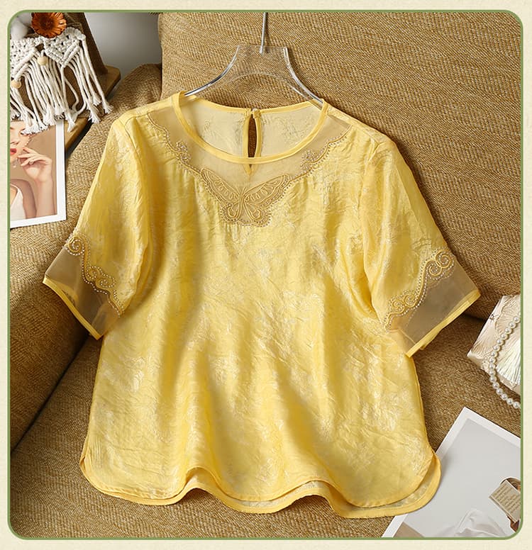 새로운 중식 나비 자수 맨위 여성 여름 루즈핏 레이스 라운드 넥 슬림해 보이는 국풍 통기성 반팔 작은 셔츠 상세 이미지 10