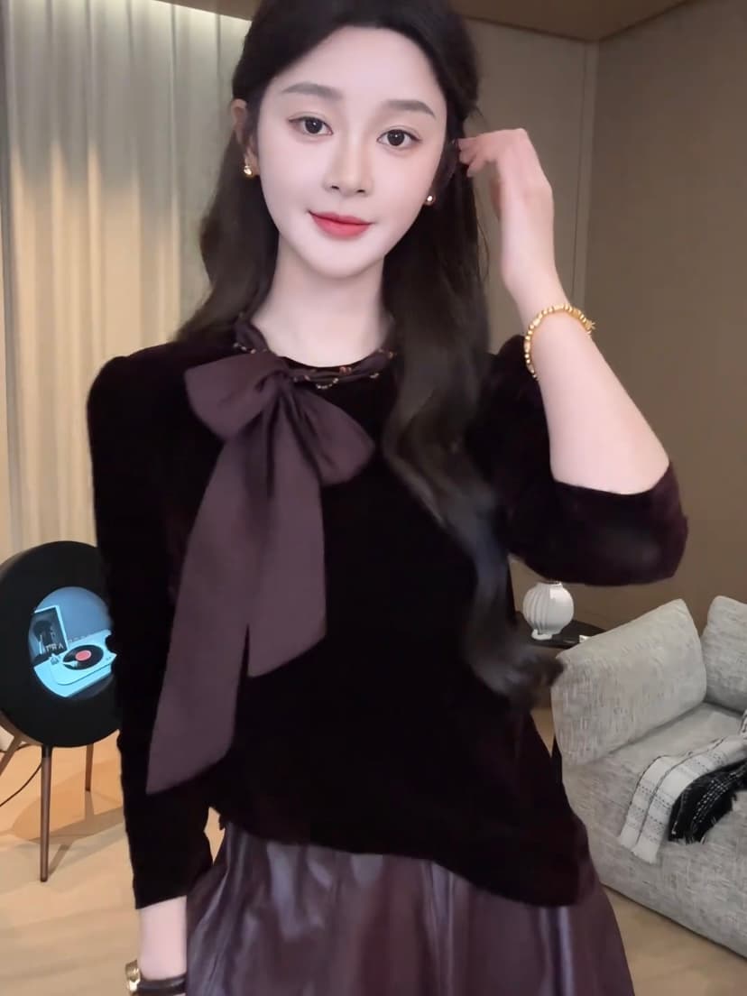 프랑스식 빛 럭셔리 체인 프리 틸라 리아 나비 매듭 스트랩 천 금빛 바람 벨벳 셔츠 맨위 이미지 2