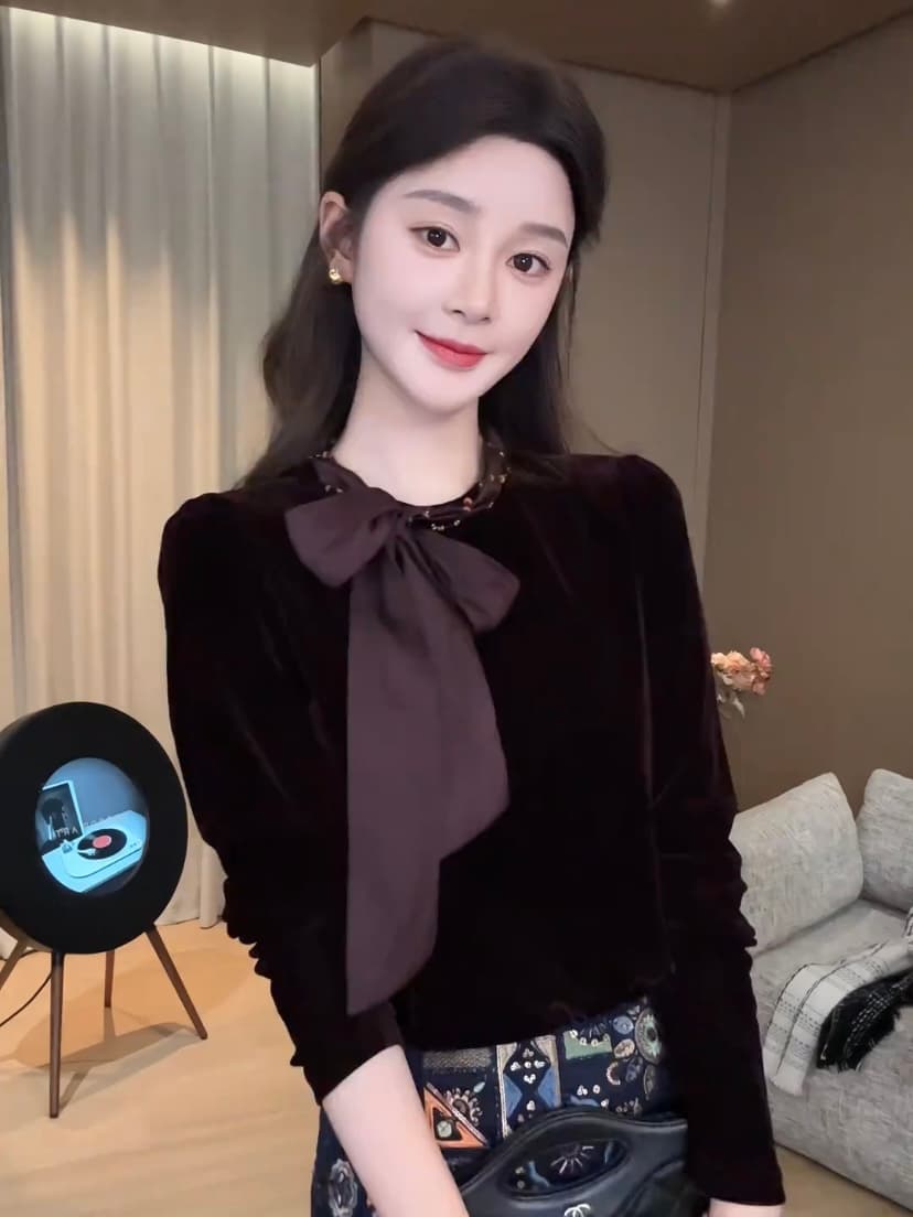 프랑스식 빛 럭셔리 체인 프리 틸라 리아 나비 매듭 스트랩 천 금빛 바람 벨벳 셔츠 맨위 상세 이미지 1