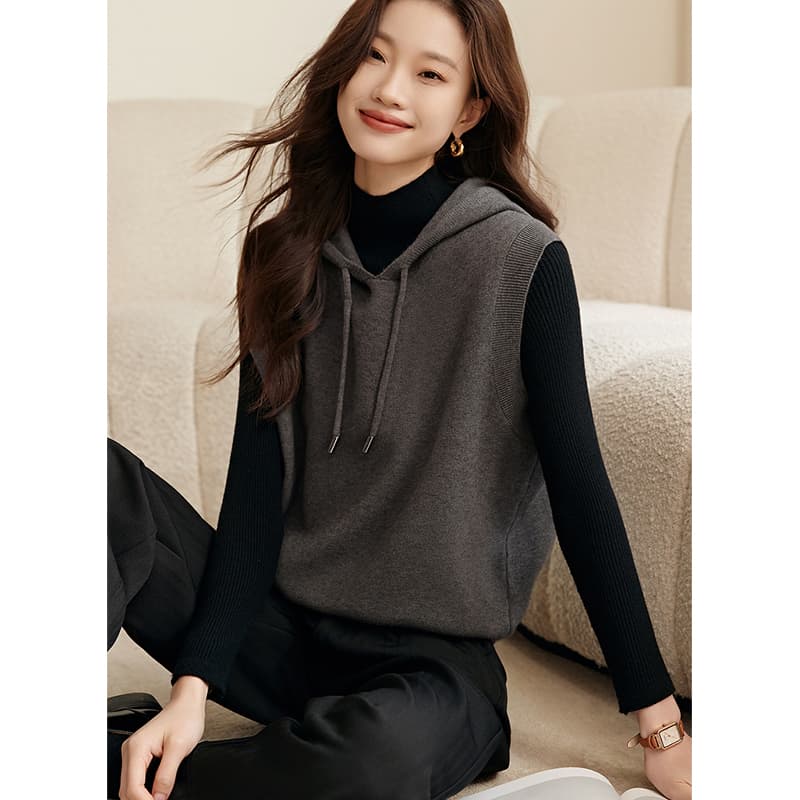 회색 후드 니트 조끼 여자 가을 겨울 새로운 고급 센스 레이스업 품격 연령 감소 부드러운 찹쌀 스택 착용 민소매 조끼 이미지 2
