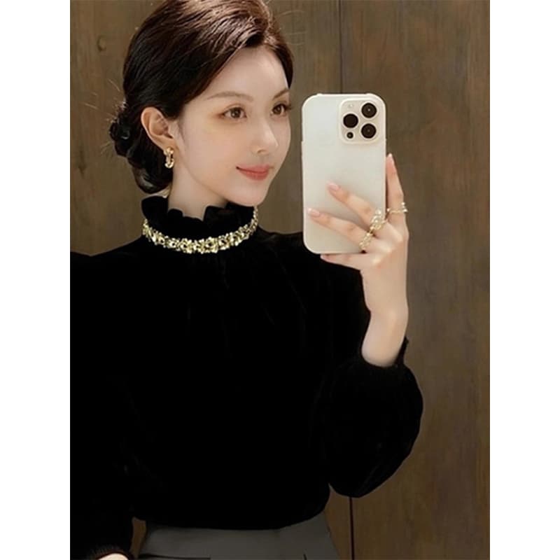 프랑스식 빛 요리 한 바람 검정색 벨벳 터틀넥 기본 셔츠 여성 인사이드 가져 가라. 디자인 센스 몸매 가꾸기 긍정적 인 어깨 긴팔 맨위 가을 겨울 이미지 4