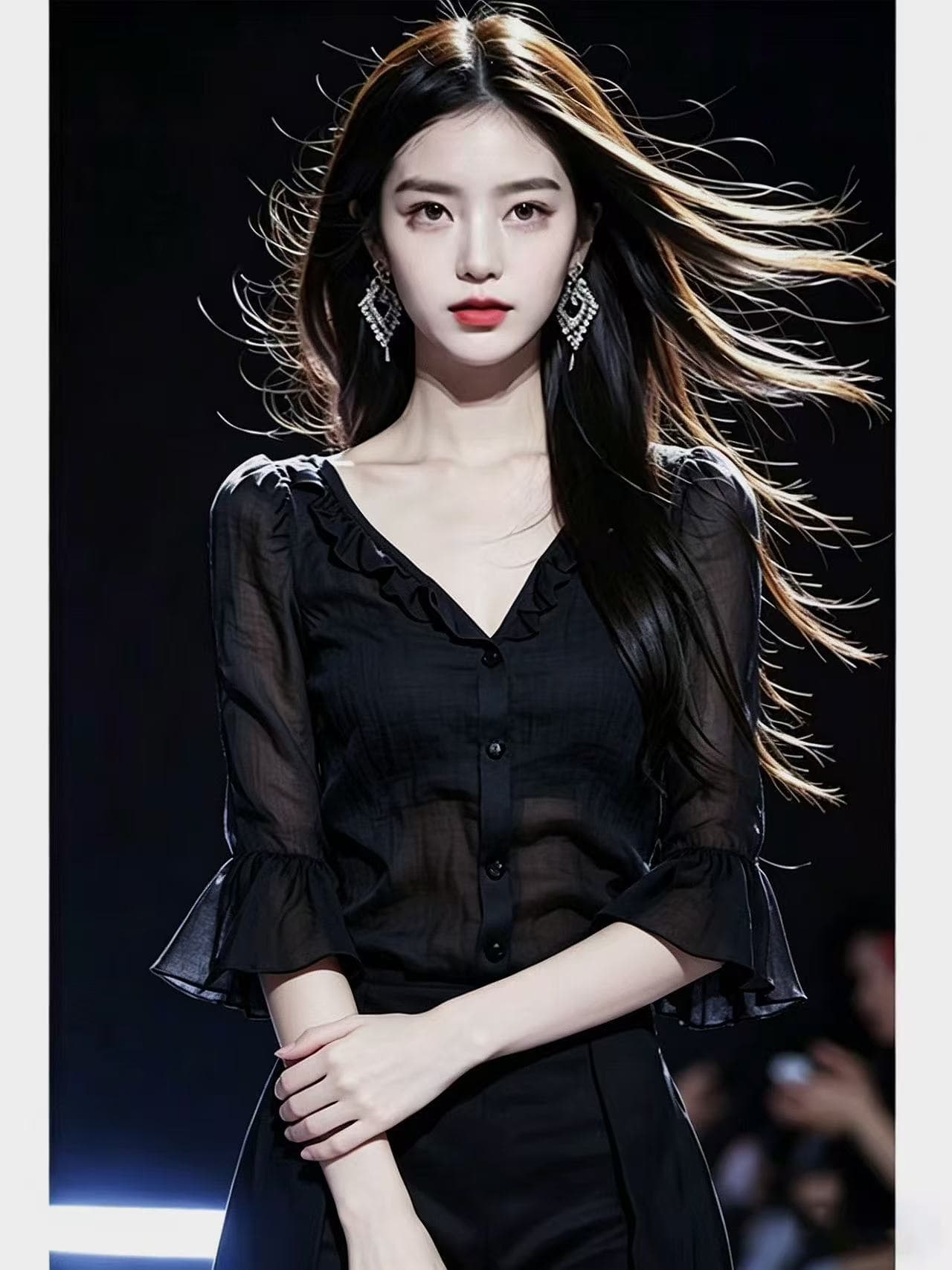 한 부서 품격 프릴 7부 소매 V넥 여성 셔츠 2026 여름 새로운 얇은 스타일 디자인 센스 검정색 맨위