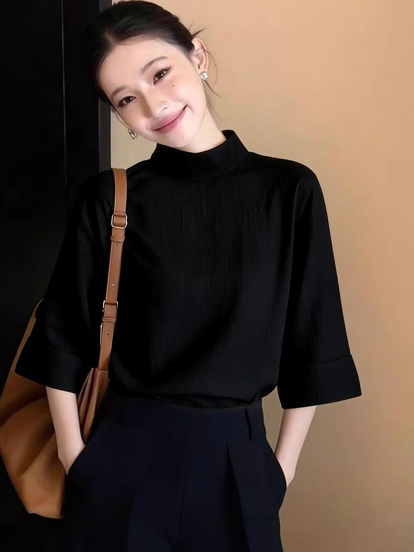 검정색 작은 스탠드 칼라 7부 소매 티셔츠 여성 여름 새로운 고급 센스 빛 럭셔리 연령 감소 루즈핏 외국 가스 다용도 맨위 이미지 3