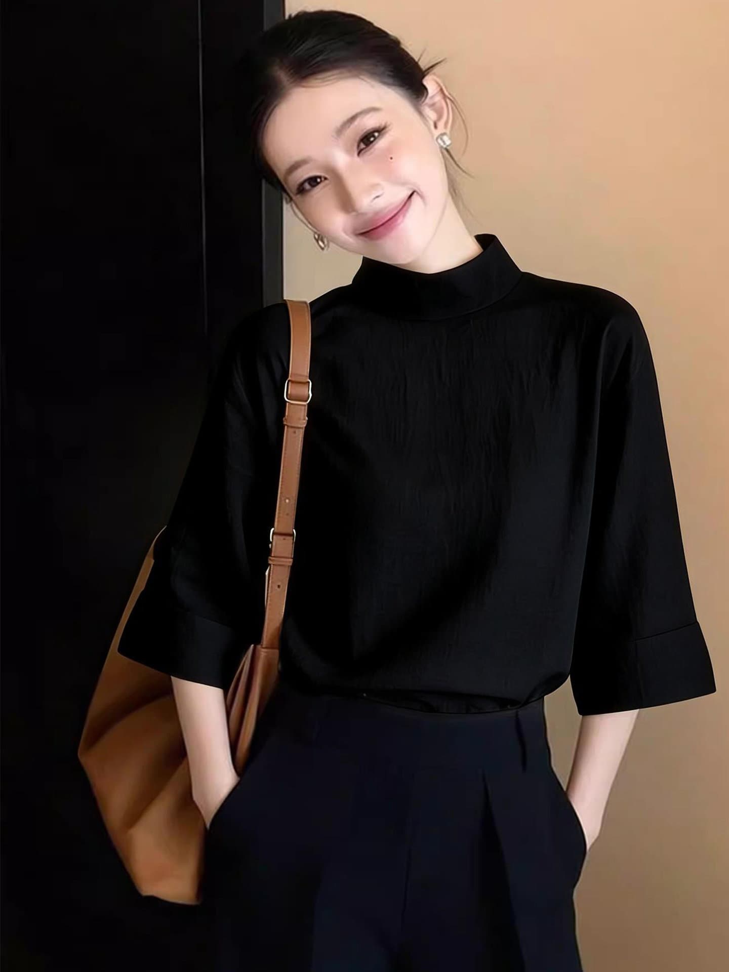 검정색 작은 스탠드 칼라 7부 소매 티셔츠 여성 여름 새로운 고급 센스 빛 럭셔리 연령 감소 루즈핏 외국 가스 다용도 맨위 상세 이미지 3