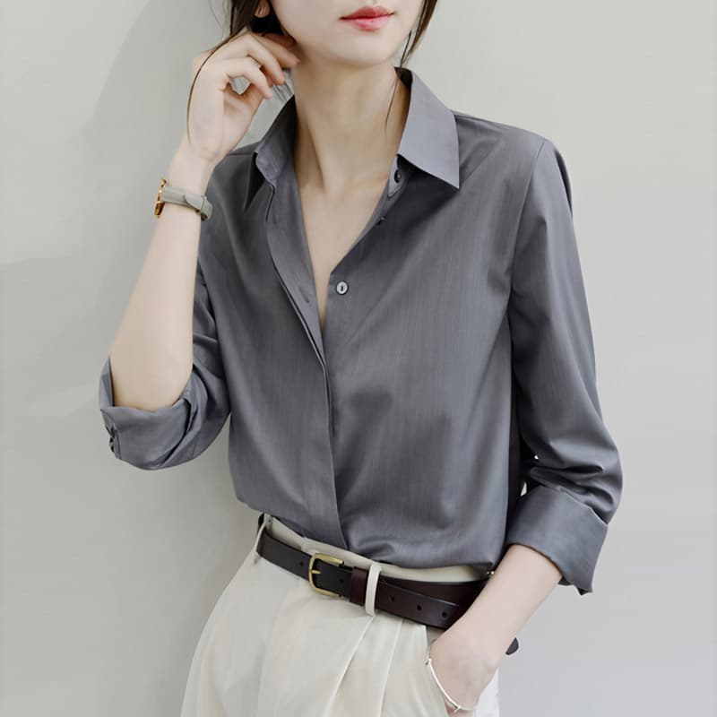어두운 문 襟 회색 루즈핏 셔츠 긴팔 여성 비즈니스 경력 출퇴근 lo 품격 셔츠 chic 고급 센스 이미지 2