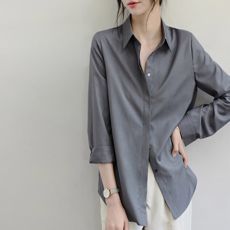 어두운 문 襟 회색 루즈핏 셔츠 긴팔 여성 비즈니스 경력 출퇴근 lo 품격 셔츠 chic 고급 센스 이미지 4