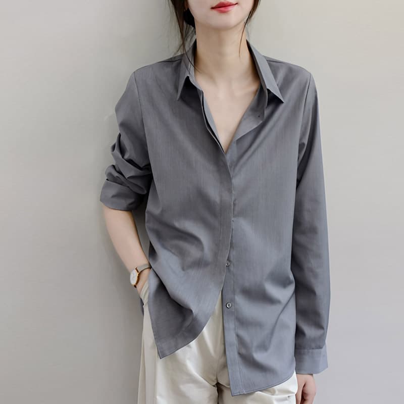 어두운 문 襟 회색 루즈핏 셔츠 긴팔 여성 비즈니스 경력 출퇴근 lo 품격 셔츠 chic 고급 센스 이미지 5